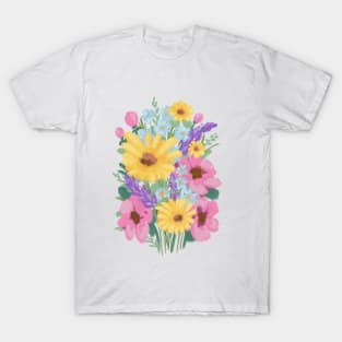 Pink And Blue Abstract Wild Flowers Illustration T-Shirt